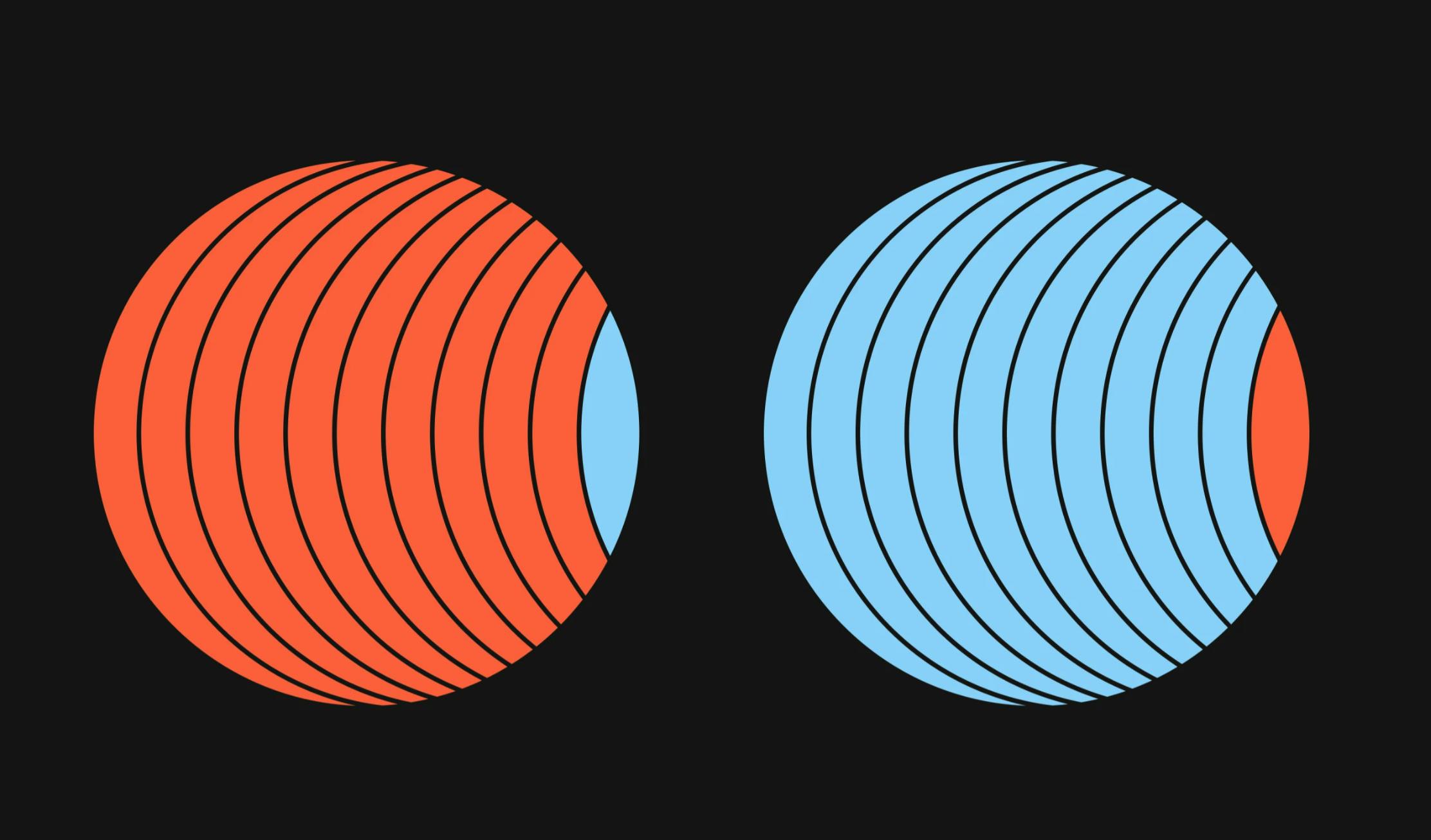 Two circles, one red and one blue, side by side on a black background