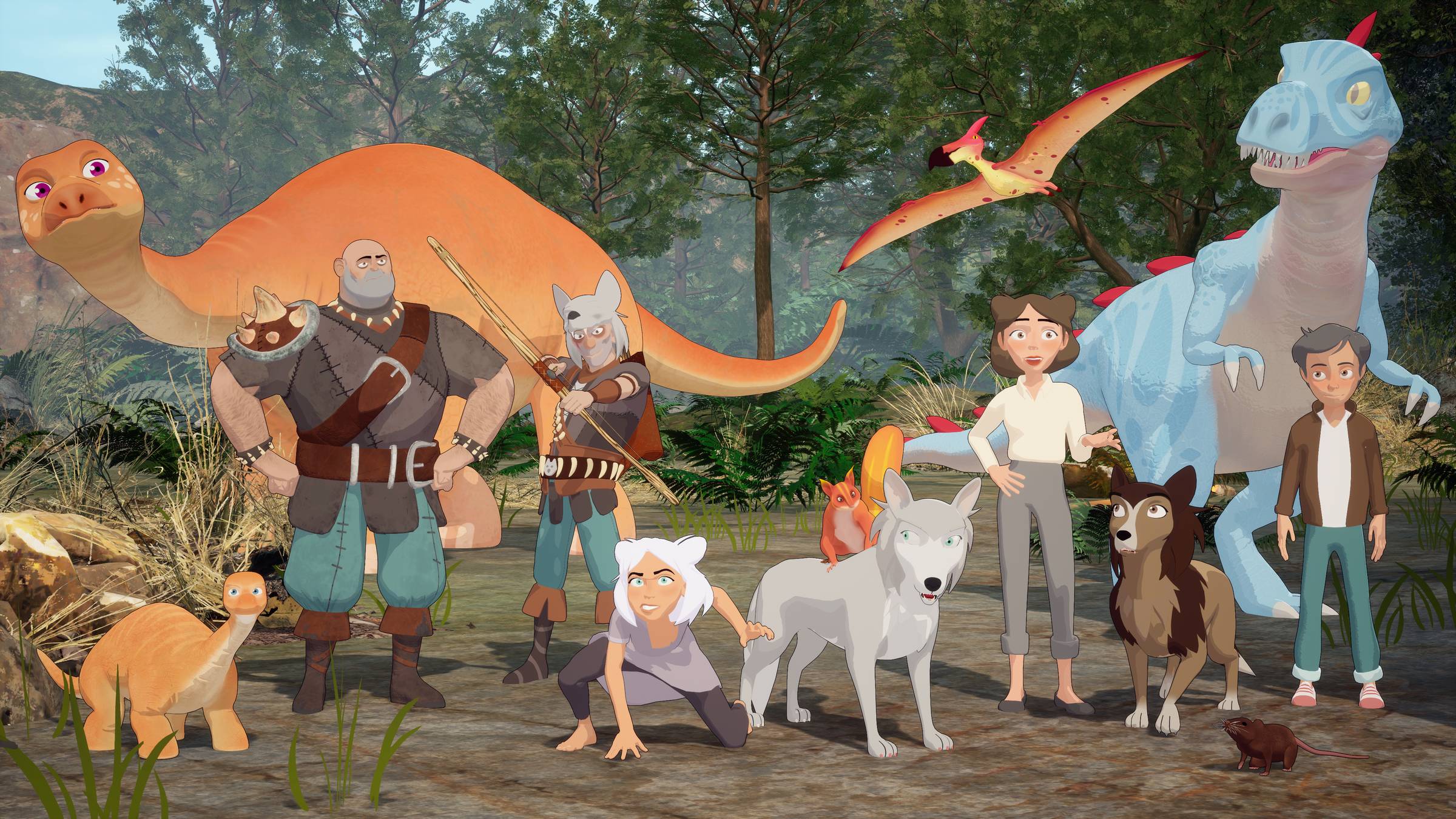 Animated scene featuring a diverse group of characters in a prehistoric setting. There's a large orange dinosaur with purple eyes and a baby dinosaur beside it. A muscular person with a beard stands confidently, wearing a decorated shoulder piece. Another