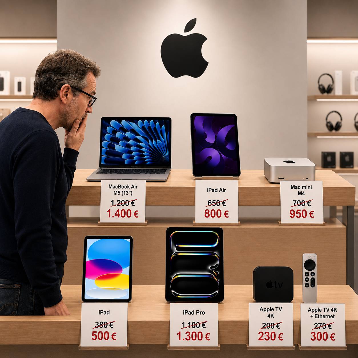 Kunde im Apple Store ist erstaunt über die Preiserhöhung bei Apple-Geräten