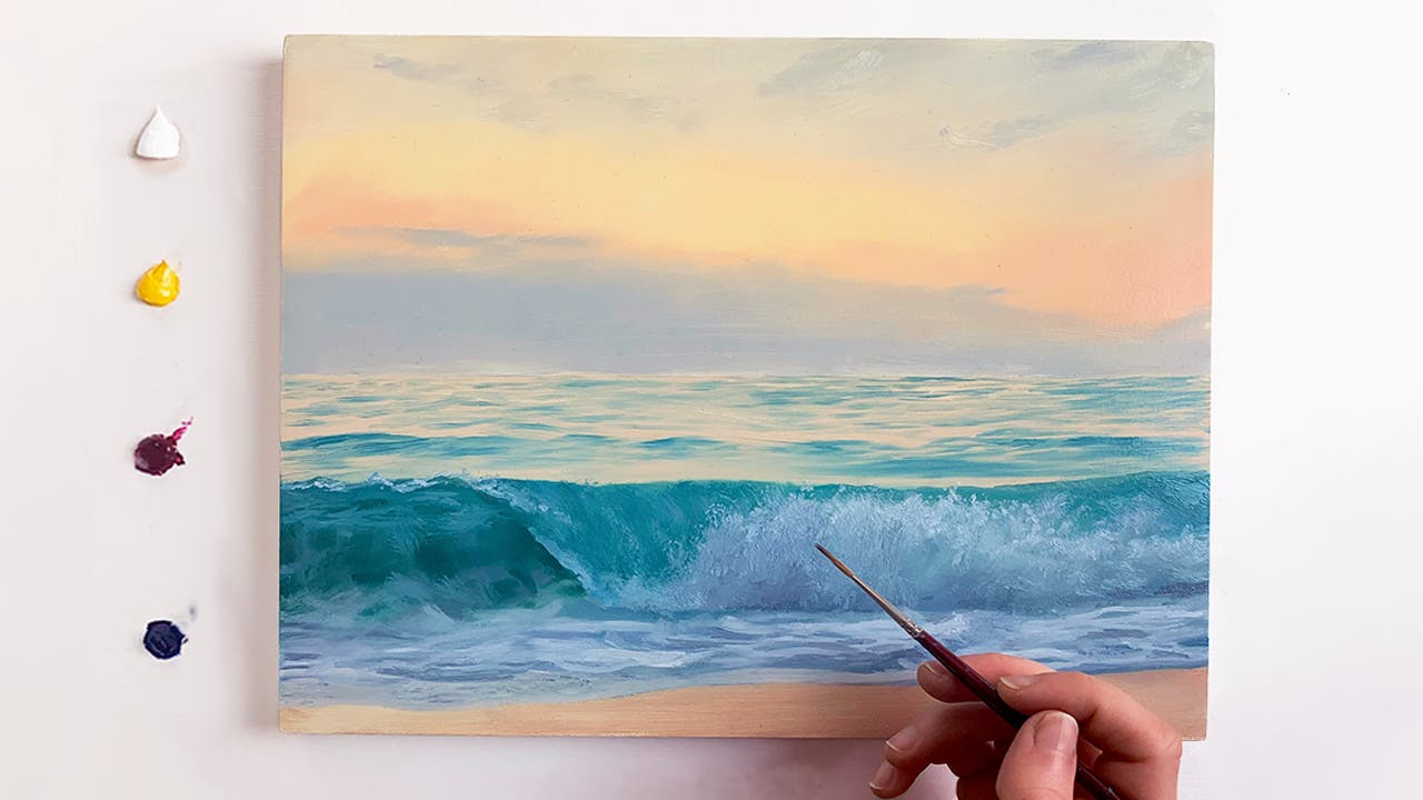 Paint a calming ocean sunset with oil paints, by following these steps