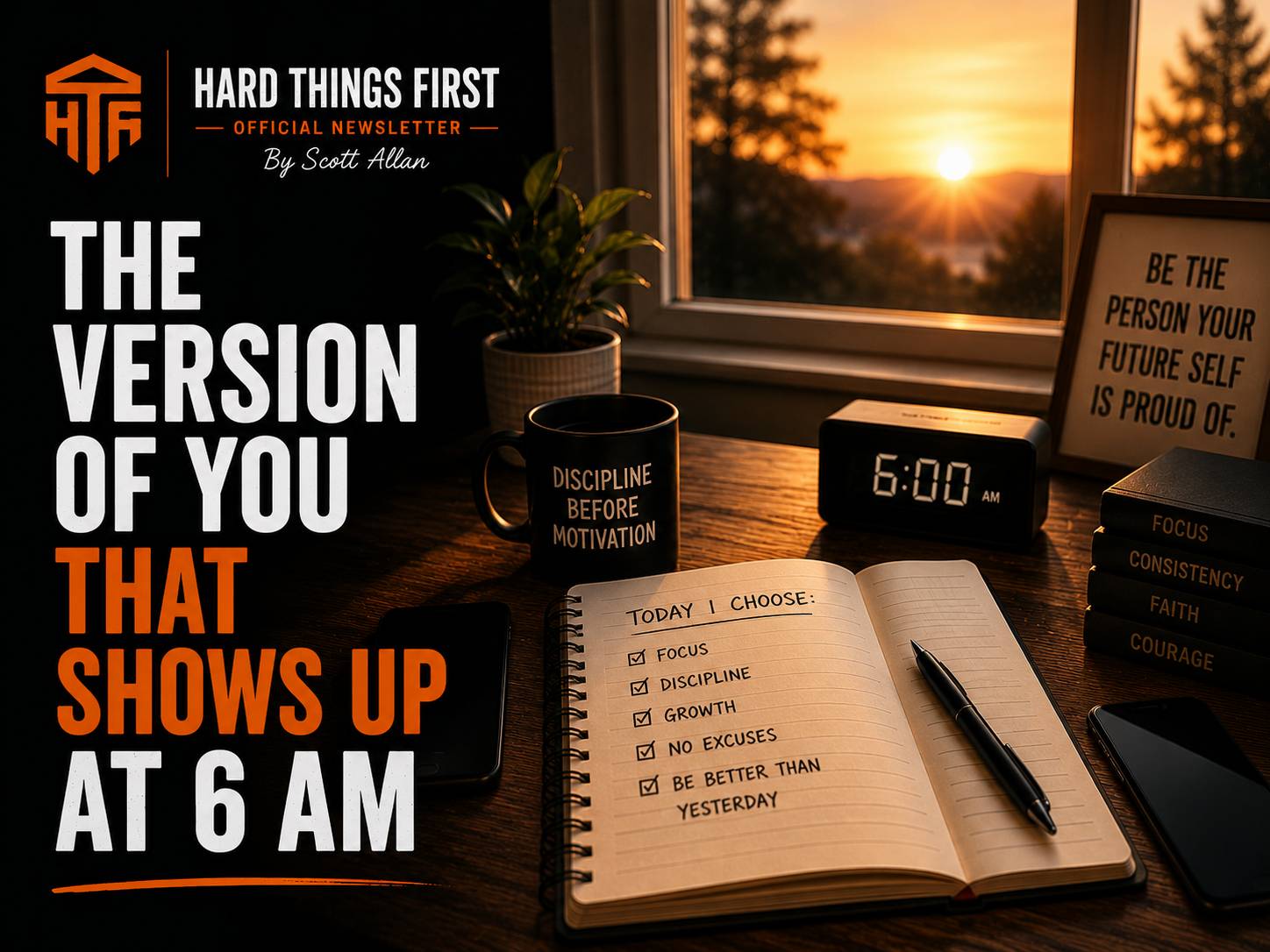 Empty desk in early morning light, notebook open, phone face-down — the workspace ready before the world is awake