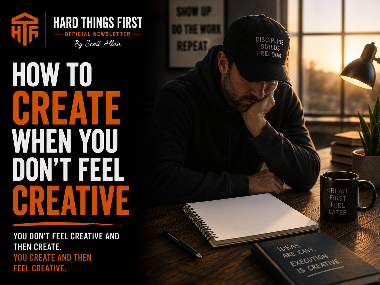 Person at a desk staring at a blank page in early morning light — the moment before starting without the feeling