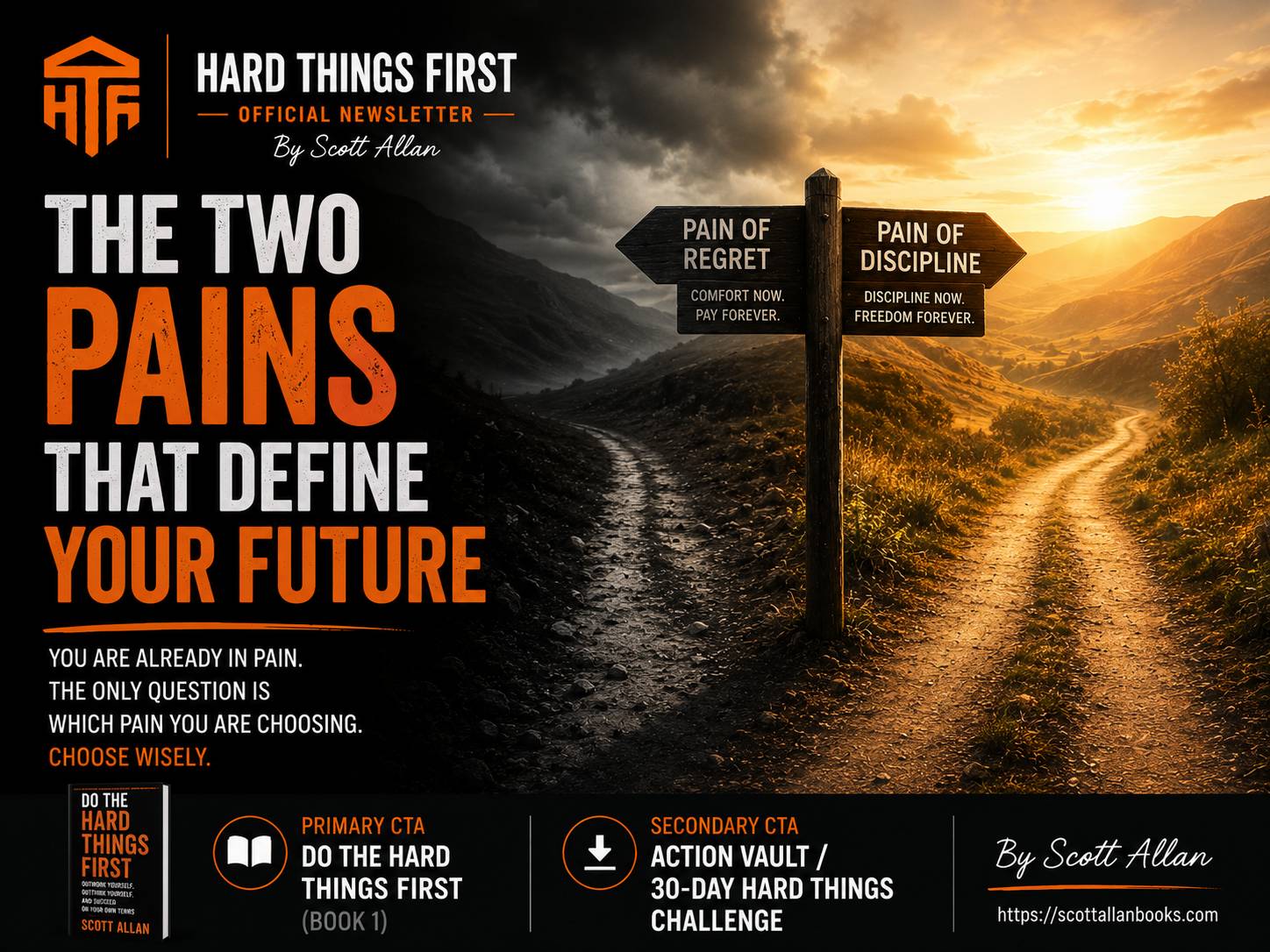 A fork in a road at dawn — two paths, one leading into light and one into shadow, both requiring effort