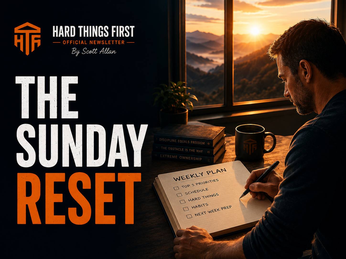 Person sitting at a clean desk on a quiet Sunday morning with a notebook open — setting up the week before the week begins