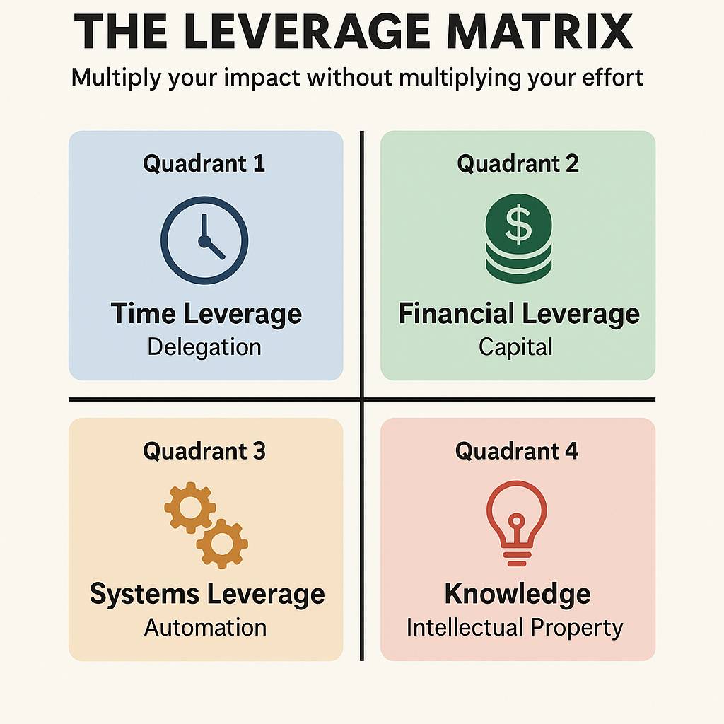 Four-quadrant matrix showing time, financial, systems, and knowledge leverage with arrows indicating exponential growth