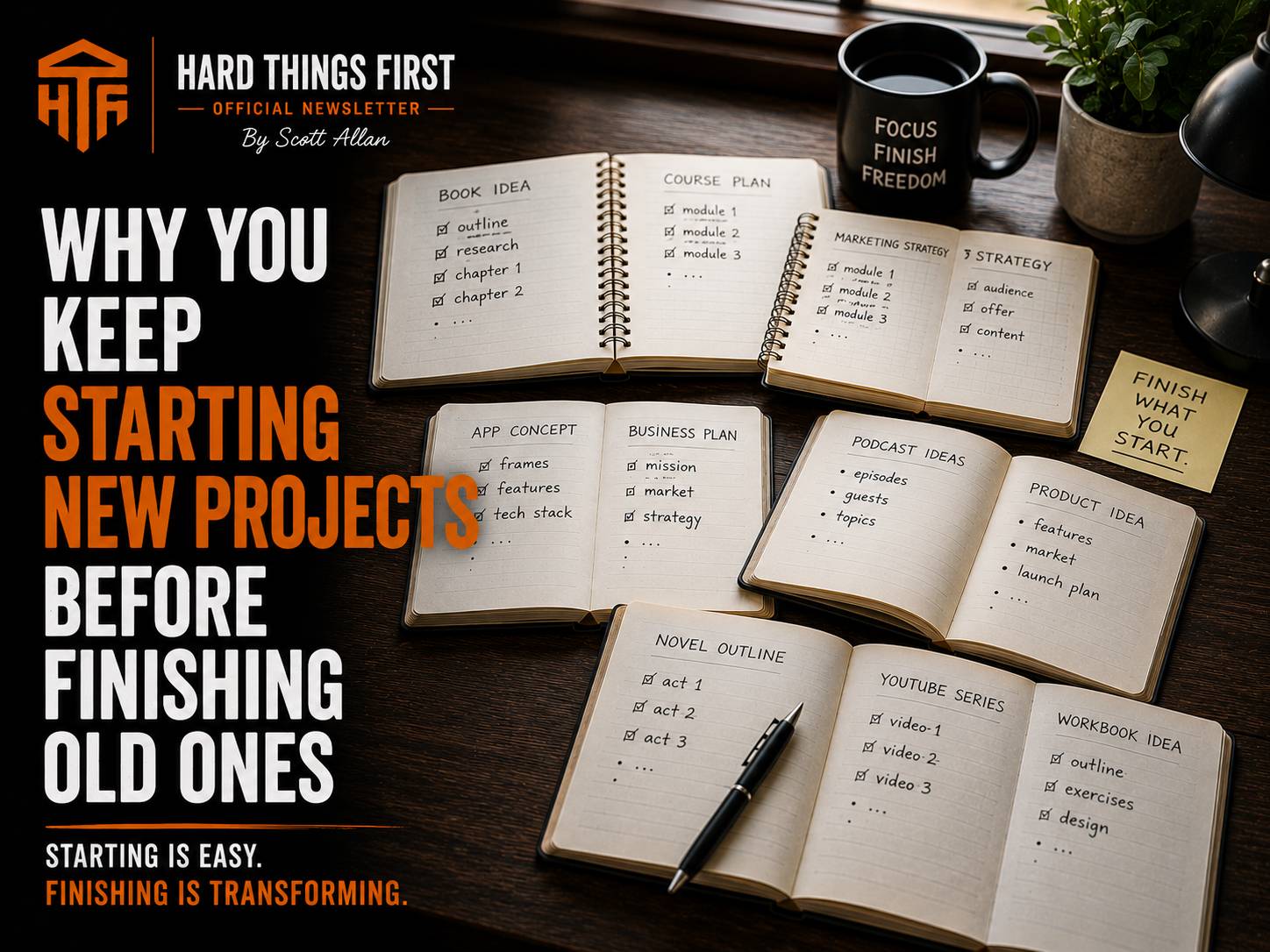 A desk with multiple notebooks open, all half-filled — the visual of someone who keeps starting but never finishes