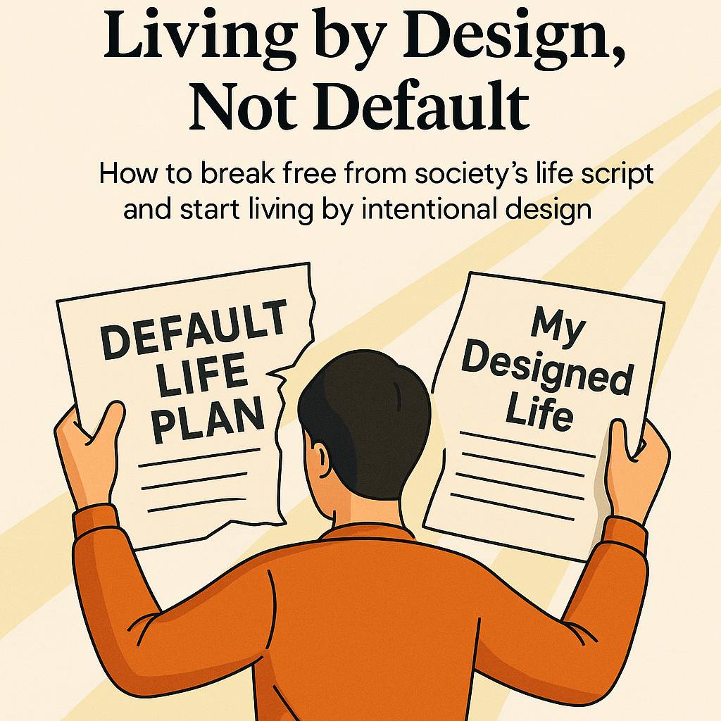 Person tearing up a script labeled "Default Life Plan" while holding a blank page titled "My Designed Life" with sunlight streaming through