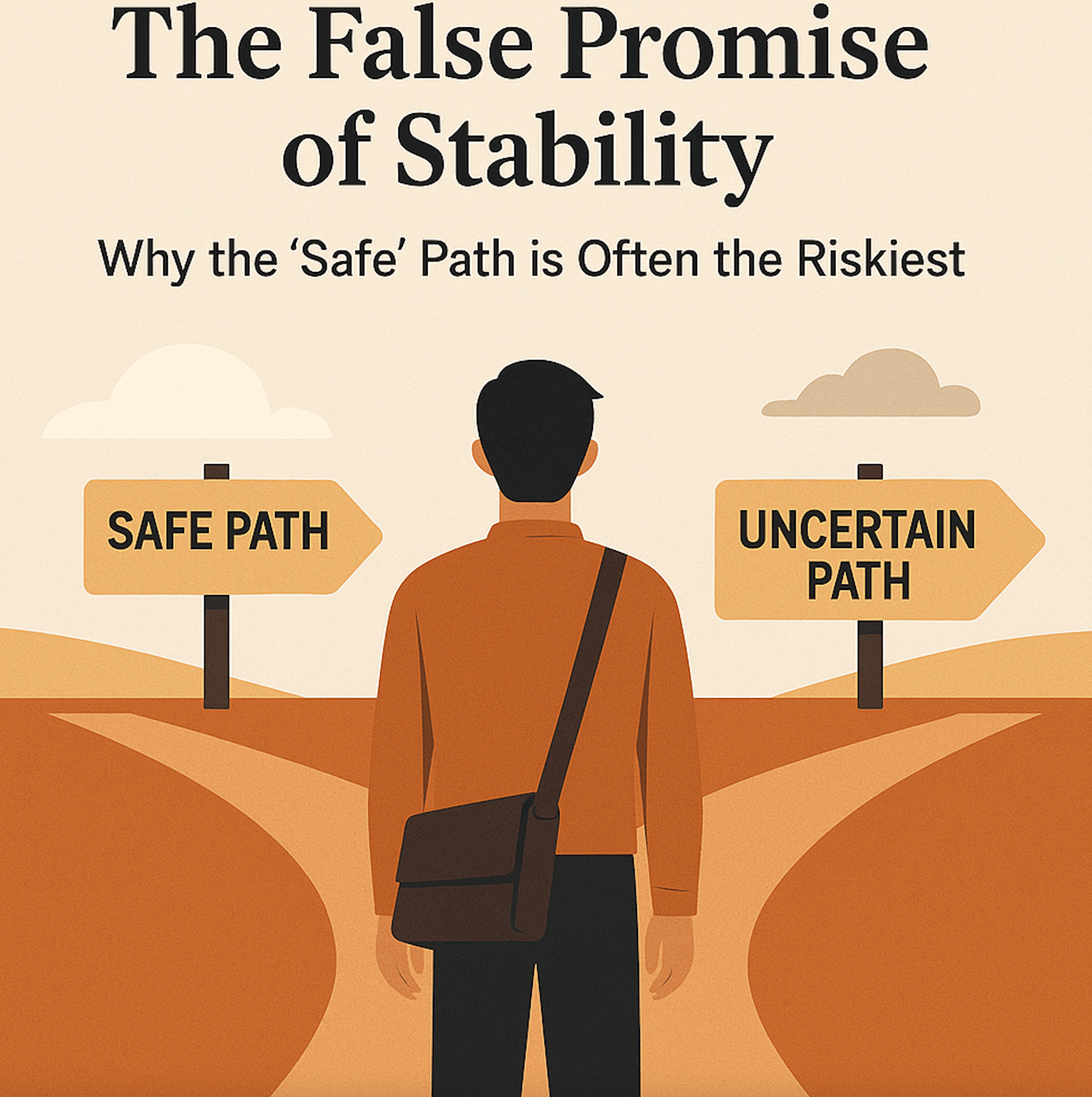 Person standing at crossroads between safe traditional path and uncertain entrepreneurial path, symbolizing career choice decisions
