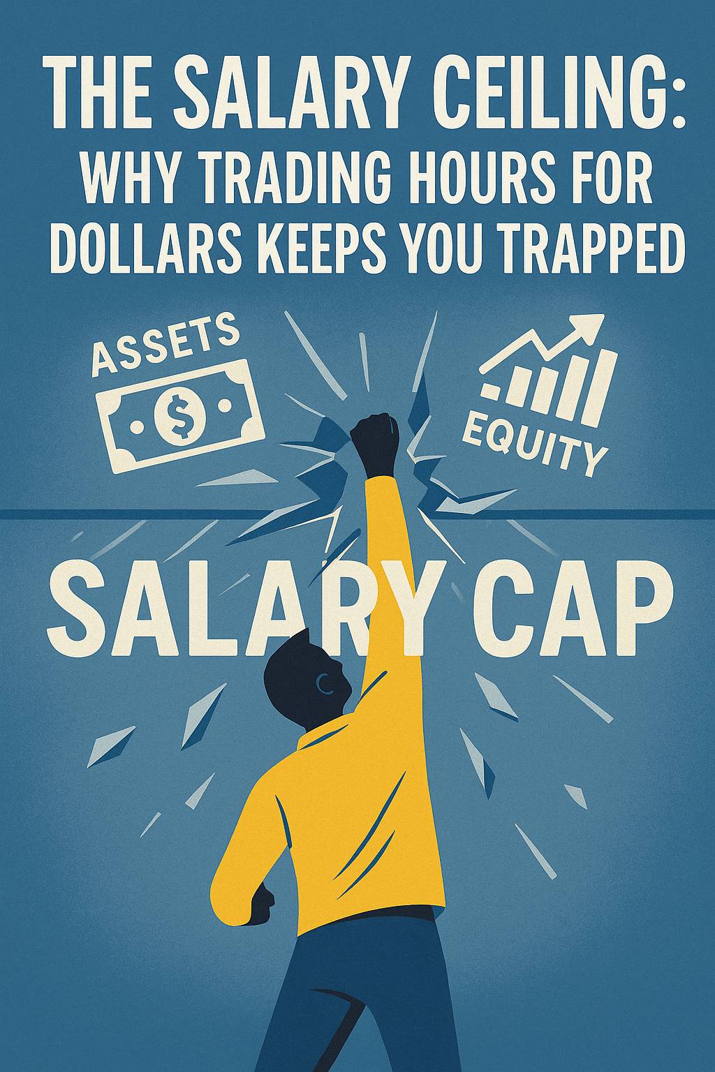 Person breaking through a glass ceiling labeled "Salary Cap" while reaching toward assets and equity symbols above
