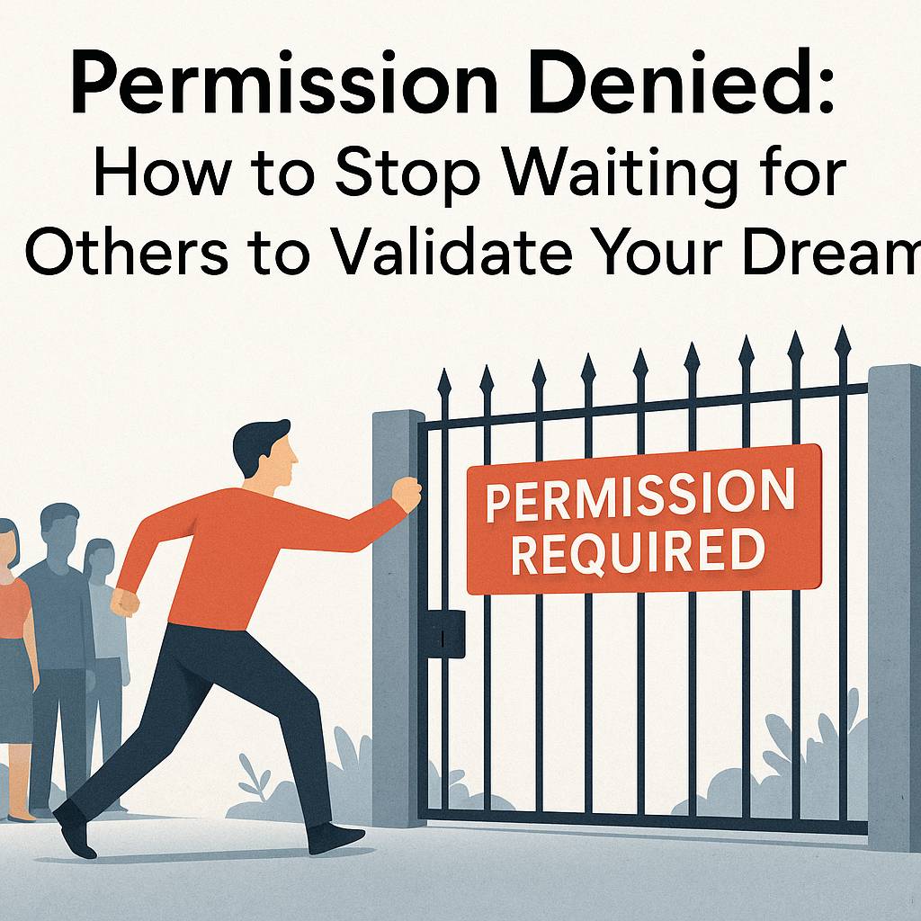 Person breaking through a gate labeled "Permission Required" while others wait behind, symbolizing taking action without approval
