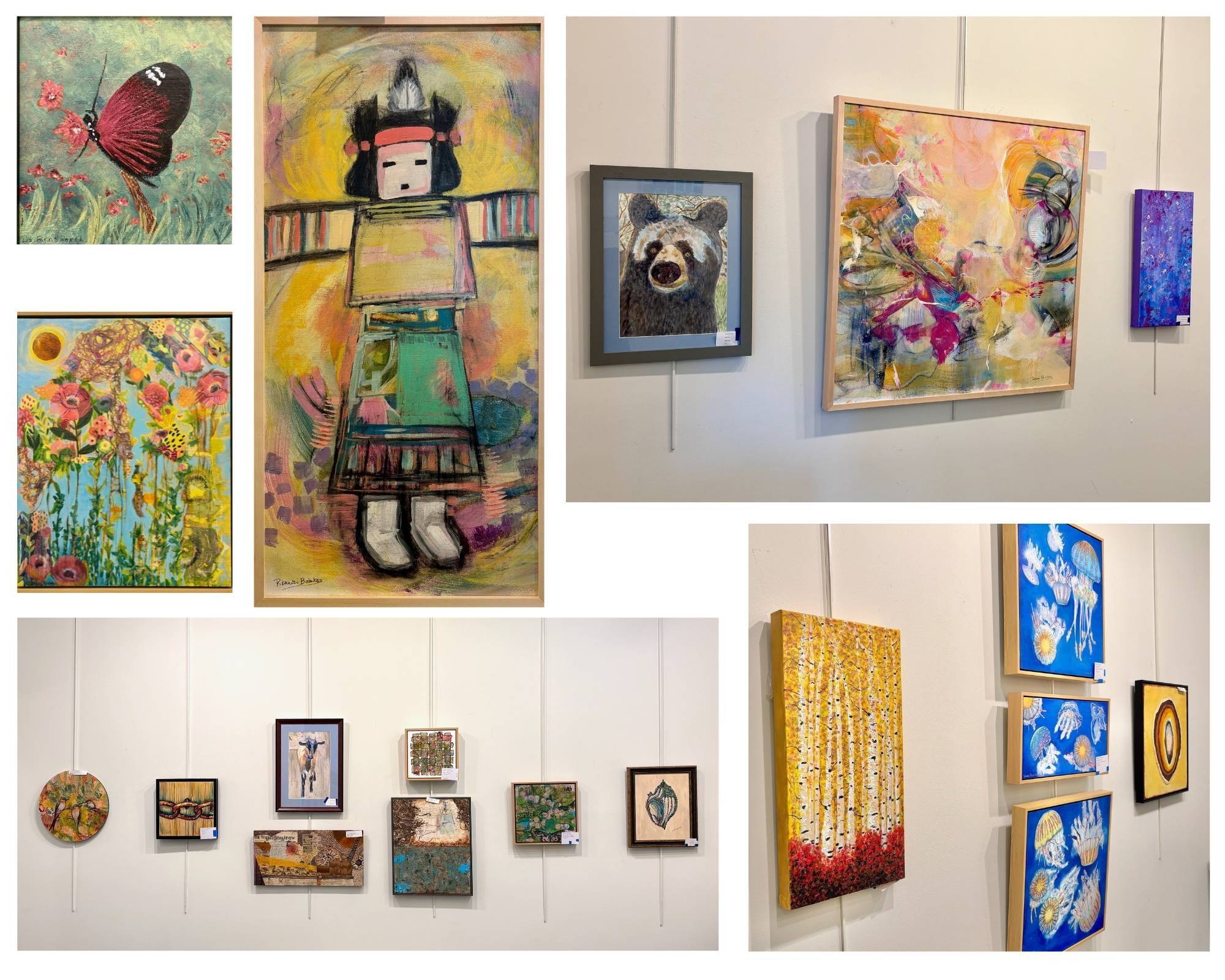 A collage of different views of the Art Exhibit, Mix It Up Media, at the Lynchburg Art Club