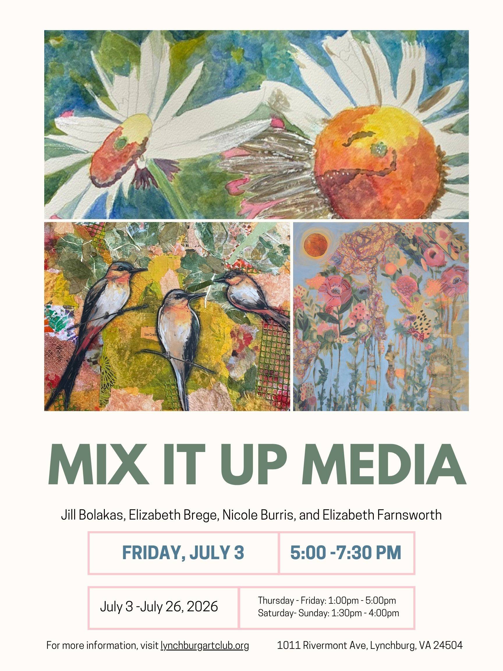 A flyer with 3 colorful paintings for a July Art Show at LAC 
