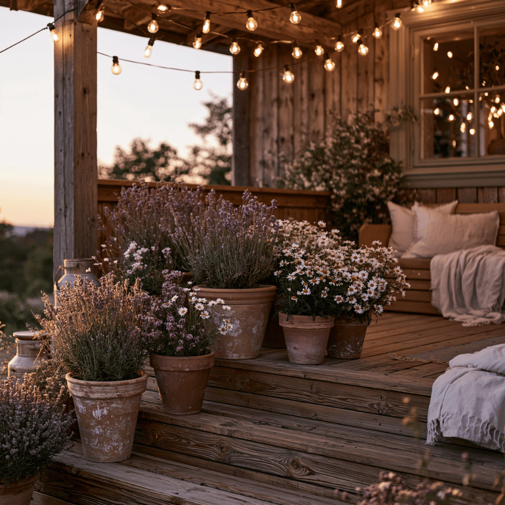 A Scandi front porch decorating with terracotta pots with summer plants and flowers.