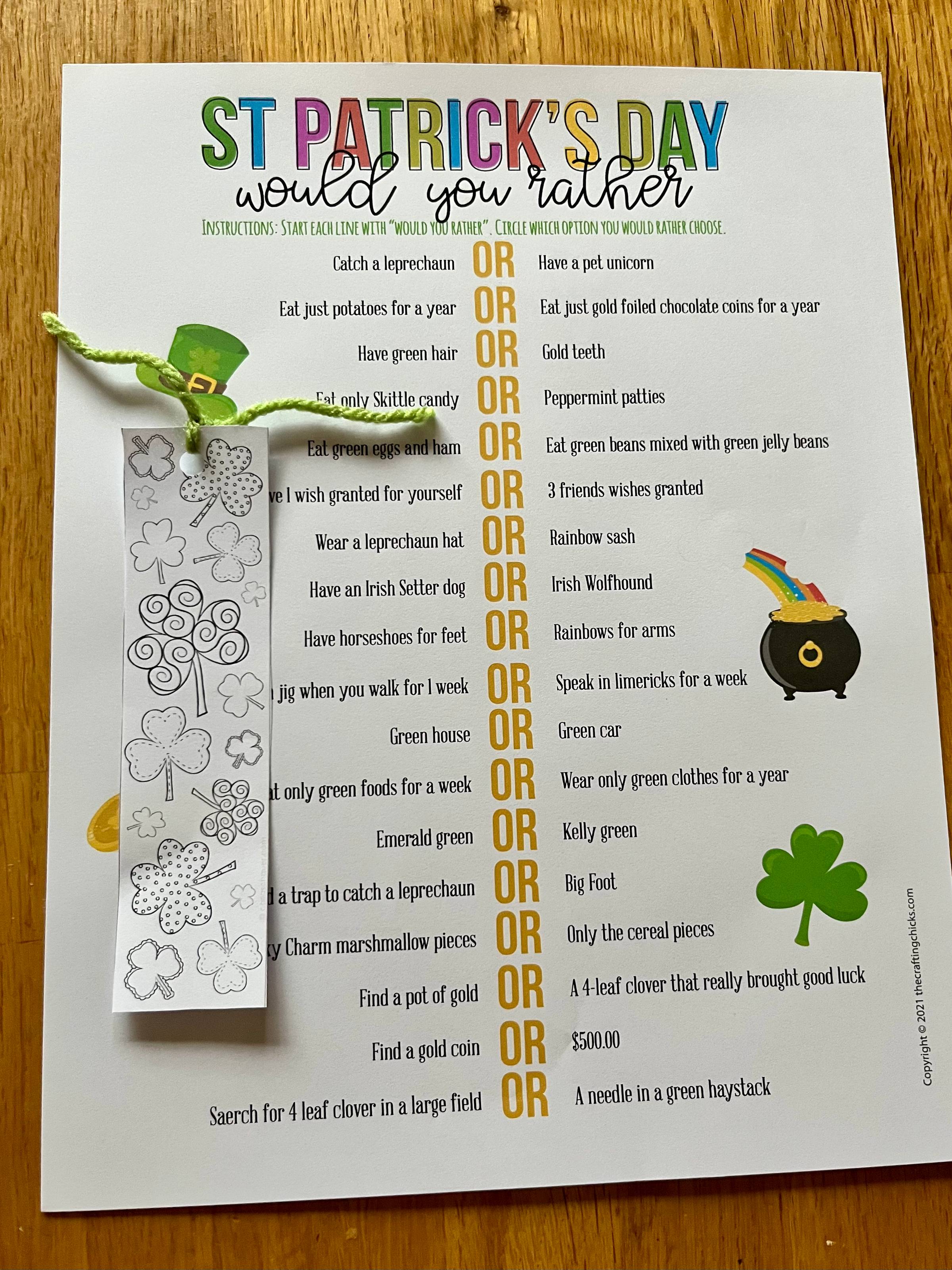 This or that and bookmark printable for St Patrick's day