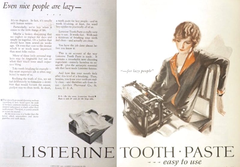 Even Nice People Are Lazy headline in a vintage ad for toothpaste