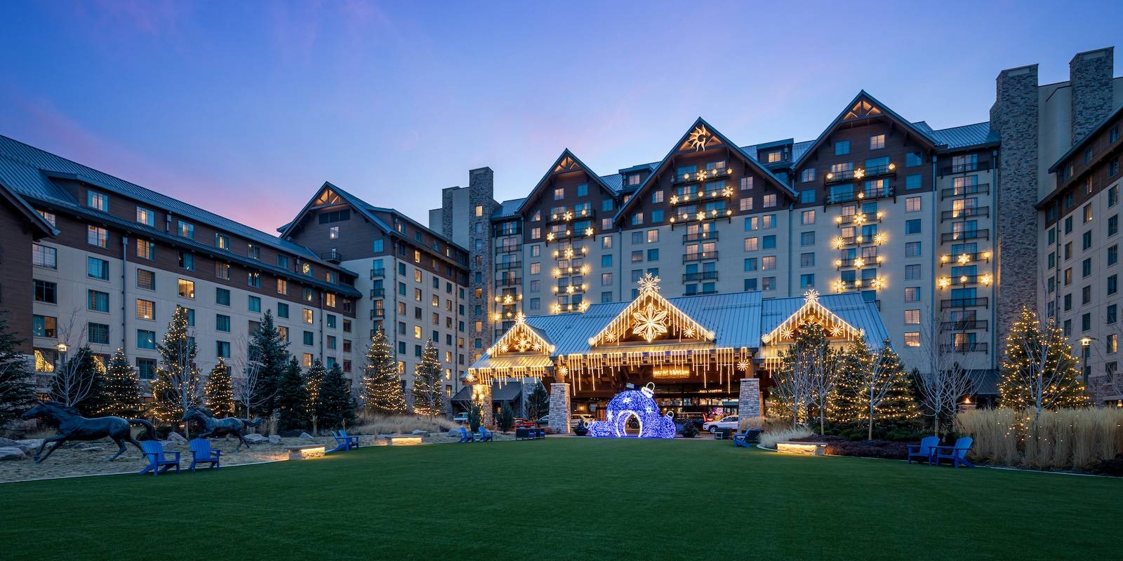 exterior of the Gaylord Rockies Resort in Aurora at Christmas time