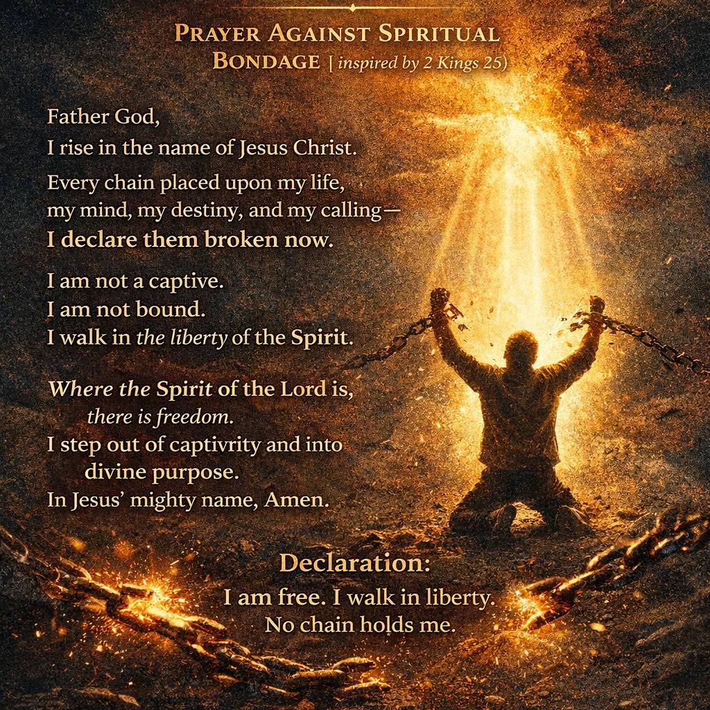 Bondage is not your portion.
Captivity is not your identity.

Through Christ, chains break.
Through the Spirit, liberty flows.

Today I declare:
I am not bound by fear.
I am not held by limitation.
I am not chained to yesterday.

Where the Spirit of the Lord is, there is freedom — and I walk in it now.

Moses Karegeya#PrayerAgainstBondage
#BreakingChains
#SpiritualFreedom
#ChristianPrayer
#DeliverancePrayer
#LibertyInChrist
#FaithDeclarations
#PrayerLife
#ChristianInspiration
#KingdomAuthority
#WalkingInFreedom