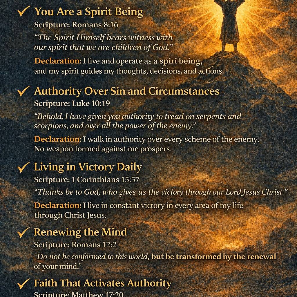 You are not ordinary.
You are not powerless.
You are a spirit being.

When your spirit leads, authority flows.
When faith speaks, mountains move.
When God’s Word fills your mouth, victory becomes your lifestyle.

🔥 I walk in authority
🔥 I live in victory daily
🔥 My mind is renewed by God’s Word
🔥 I speak life, not fear
🔥 I move by faith, not by sight

Let this truth sink deep into your spirit and rise within you.
This is not motivation — this is identity.#IAmASpiritBeing
#SpiritualAuthority
#VictoryInChrist
#ChristianDeclarations
#FaithInAction
#RenewYourMind
#KingdomIdentity
#ChristianInspiration
#WordOfGod
#PrayerLife
#WalkingByFaith
#ChristianGrowth
#DailyDeclarations
#GodsPromises

If you want, next we can:
✨ Create a carousel version (7 slides, one point per slide)
✨ Design a matching cover for your eBook
✨ Build a content folder with captions + visuals ready for posting
✨ Add your ministry name (God’s Glory Ministries) as a subtle watermark

Just tell me the next step — we are building something eternal 🌿

— Moses Karegeya