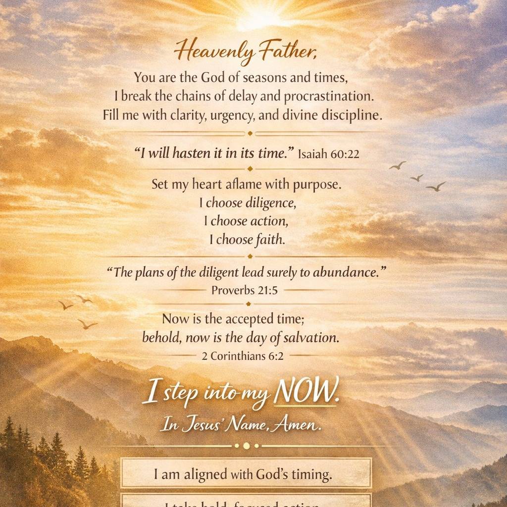 Delay is broken.
Tomorrow has lost its voice.
Grace is pulling you into motion. 🌿

This is your reminder that God’s timing is not slow—and neither is your destiny. When clarity meets obedience, heaven responds with acceleration.

✨ Pray this aloud
✨ Move with faith
✨ Start where you are

📖 “Now is the accepted time.” – 2 Corinthians 6:2

Step into your NOW.

Hashtags (Instagram)

#PrayerWarrior
#ChristianDaily
#FaithOverFear
#NoMoreDelay
#SpiritualDiscipline
#KingdomFocus
#BibleBased
#ChristianEncouragement
#GodsPlan
#PrayerChangesThings
#ChristianContent