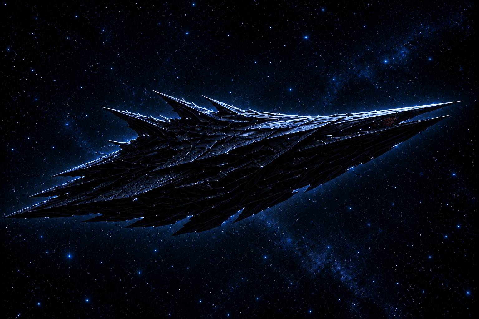 The Astral Scourge, a black ship with jagged armour, blue edge lighting and a faint crimson dragon emblem against a starfield — The Third Path by H. L. Sideris