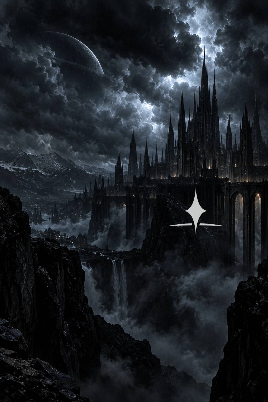 The Citadel, dark spires above a deep ravine beneath lightning — The Third Path by H. L. Sideris