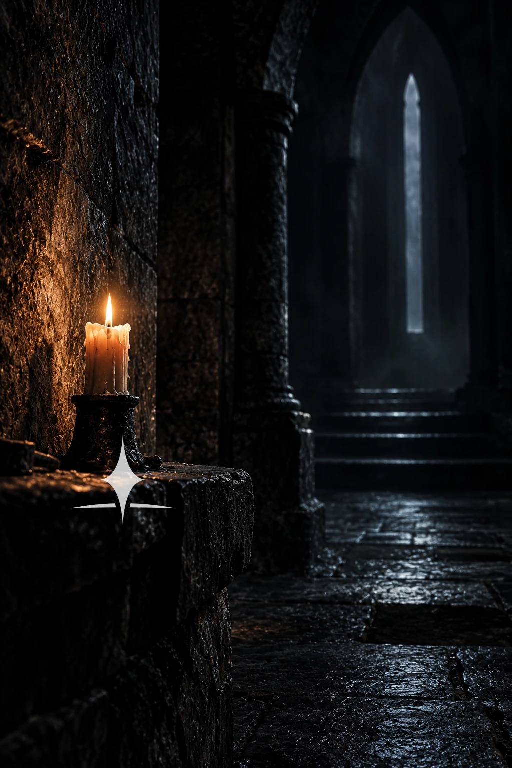 The Convento, a candle beside a stone passage and narrow window — The Third Path by H. L. Sideris