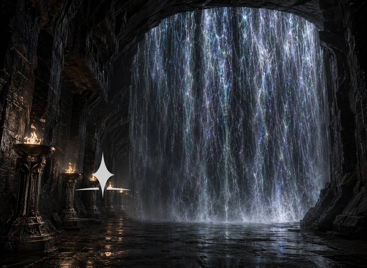 The Great Waterfall, a curtain of water beyond braziers beneath the Citadel — The Third Path by H. L. Sideris