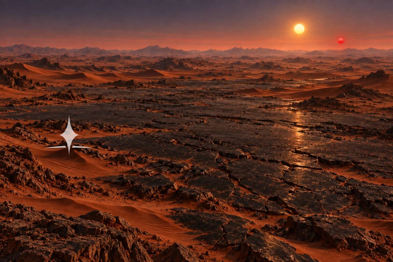 Solythia, rust-red dunes and cracked obsidian beneath a gold sun and a smaller red sun — The Third Path by H. L. Sideris