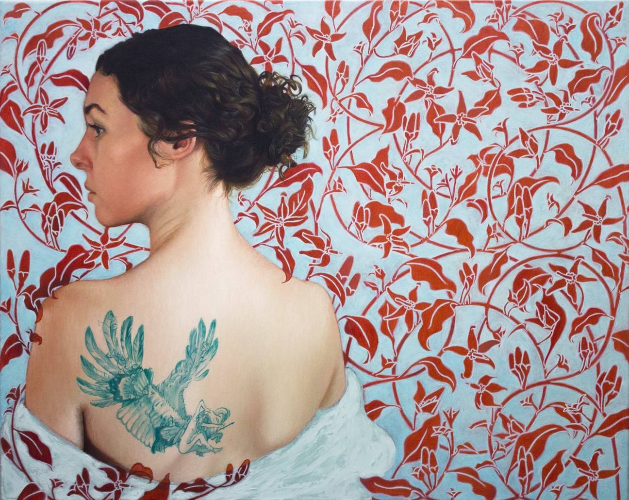 Oil painting of a woman facing to the left, with a red botanical pattern in the background and an angel on her back.