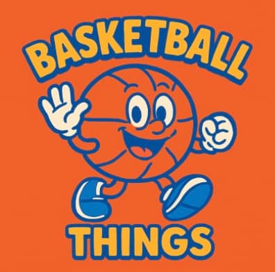 An anthropomorphic basketball waving with the words “Basketball Things” surrounding it