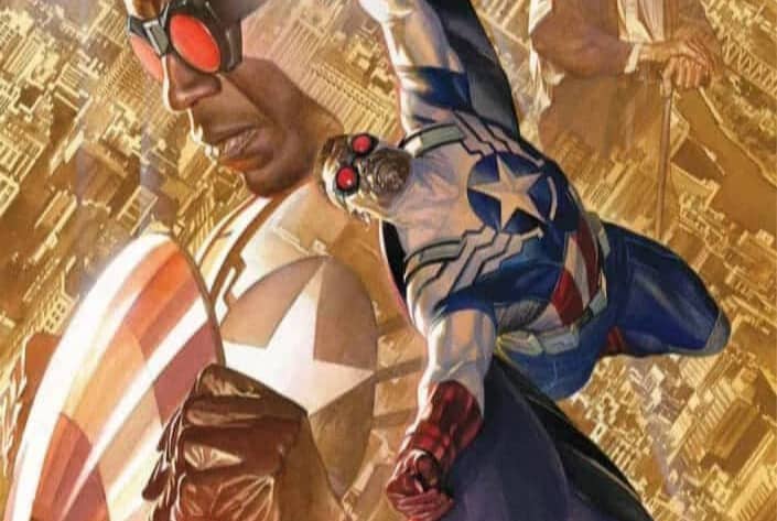 Comic book illustration featuring Sam Wilson as the new Captain America