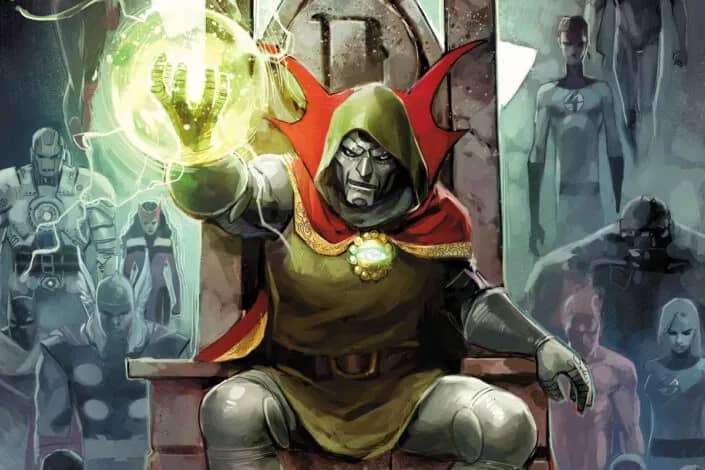 A character in a green cloak with metal armor sits on a throne, holding a glowing orb in their hand. The figure has a stern expression and a red-trimmed hood. Behind, several other figures are partially visible, suggesting a superhero theme. The scene has a dramatic, intense atmosphere.