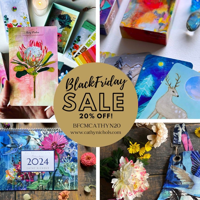 Black Friday SALE today! Everything in my shop is 20% off with the code BFCMCATHYN20. It’s my biggest (and only) sale of the year - enjoy grabbing a few goodies while supplies last: stickers, aprons, calendars, prints, classes, oracle decks and more. Love to you!.
.
#blackfridaysale #mixedmedia #mixedmediapainting #flowerpainting #botanicalpainting  #expressive painting #createeveryday #paintingreel #newartwork #avlartist #oraclecards #artistsoninstagram