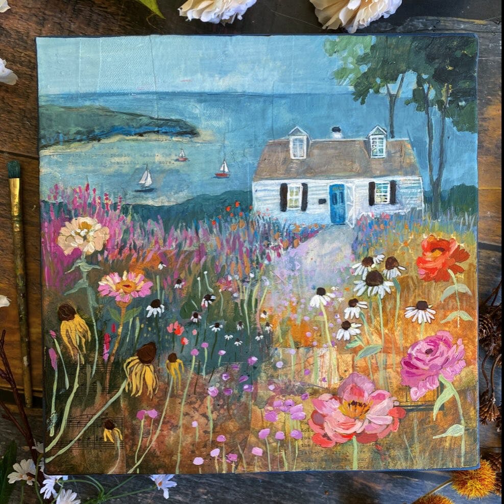 “Sweet Dreams of Summer” is finished and will be released soon along with another beach house I’m working on now. I start dreaming of warm seabreezes and sand between my toes every year at this time. Hoping this painting will be a manifestation!! Have a beautiful Friday! #mixedmedia #mixedmediapainting #flowerpainting #botanicalpainting  #expressive painting #createeveryday #paintingreel #newartwork #avlartist #artistsoninstagram #cottagecore #beachhouseart #coastalwallart