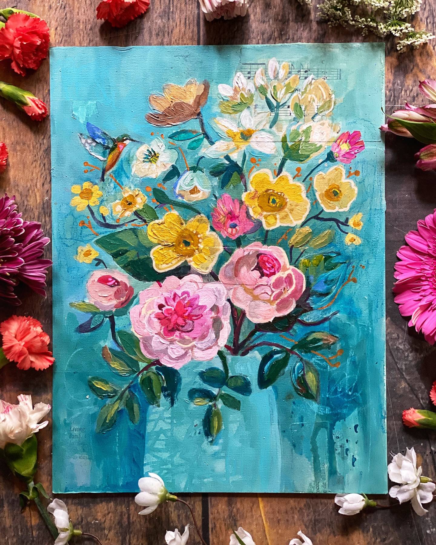 “Smiling in the Sun” - a new bouquet still life. This is another exploration in the signature color palette I’ve been working on lately as part of my Joy of Painting classes. I love the way working with a limited palette of colors simplifies things and frees up creativity! I’m working on another still life today! #mixedmedia #mixedmediapainting #flowerpainting #botanicalpainting  #expressive painting #createeveryday #paintingreel #newartwork #avlartist #artistsoninstagram #joyofpaintingclass #joyofpaintingclub
