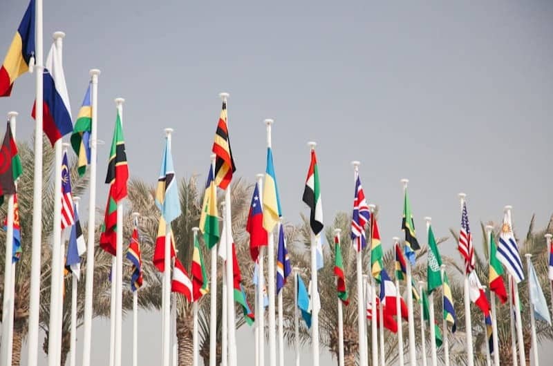 Many flags are waving in the wind.