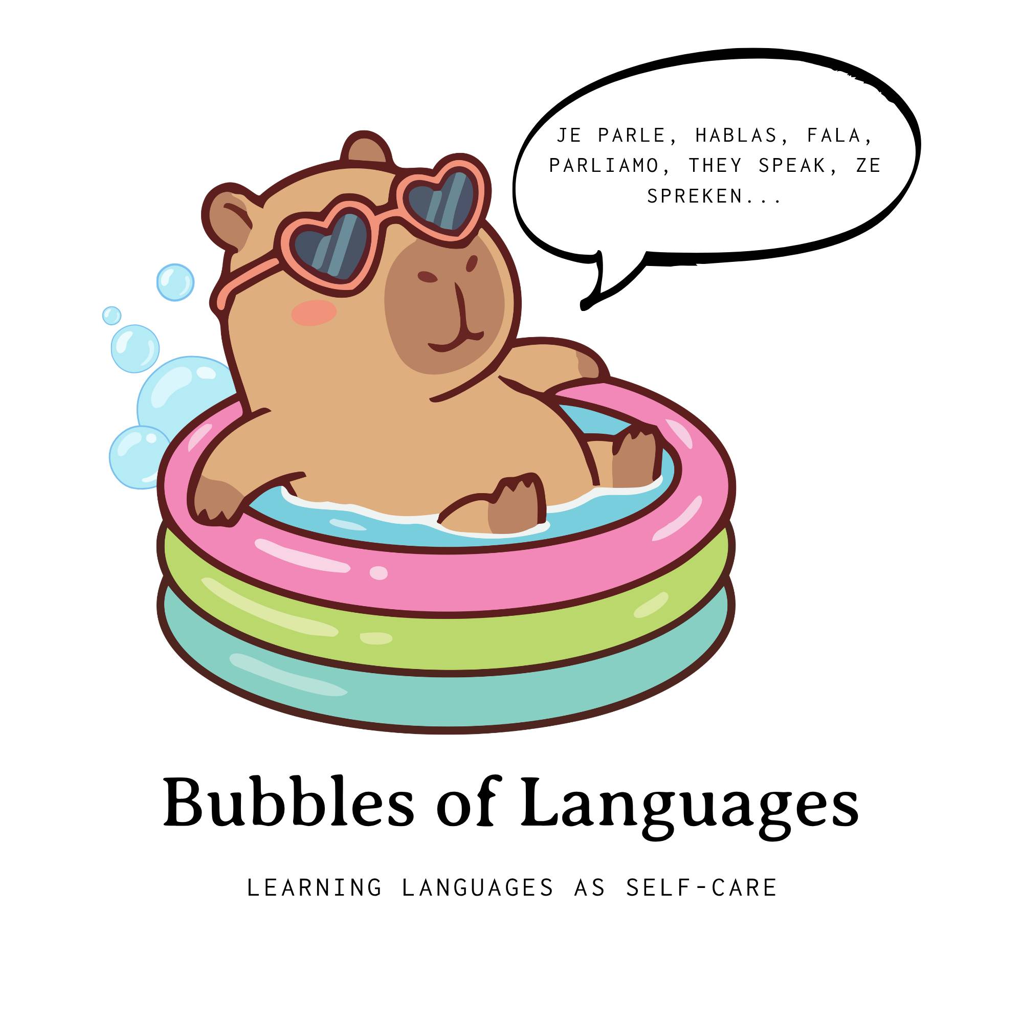 a capybara in a plastic pool speaking different languages