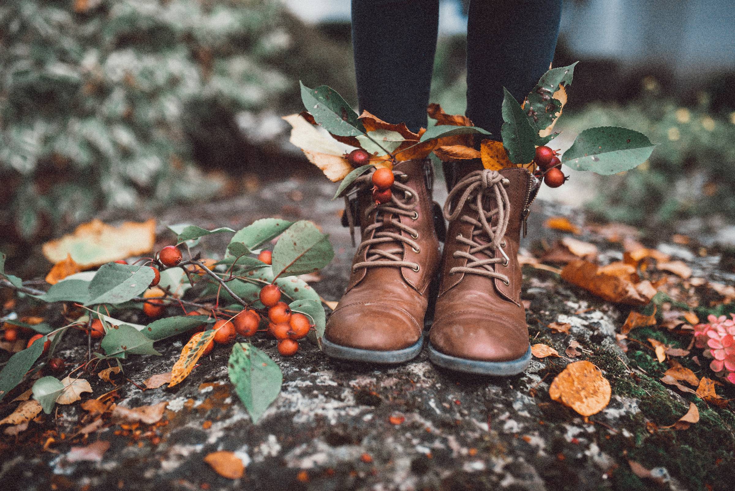 brown boots in autumn leaves