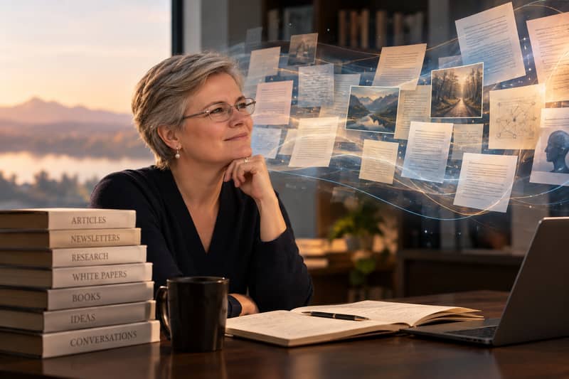 Researcher surrounded by accumulated knowledge and intellectual work
