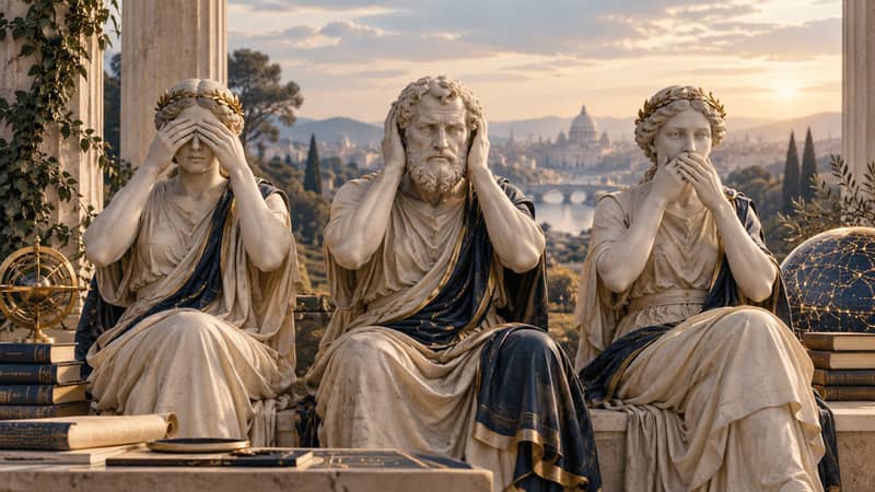 Classical figures representing evidentiary discipline and uncertainty