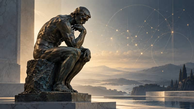 Thinking statue representing intelligence and consciousness