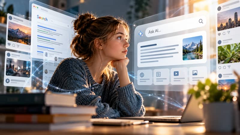 Person navigating AI-powered search and social information systems