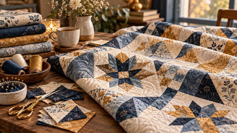 Handmade quilt in navy, ivory, and gold