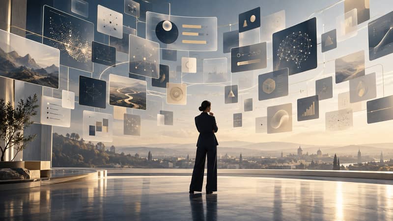 Professional surrounded by many AI choices representing marketplace overload