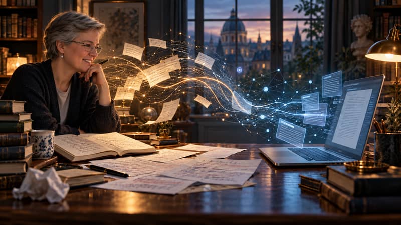 Human and AI exchanging language patterns representing transference