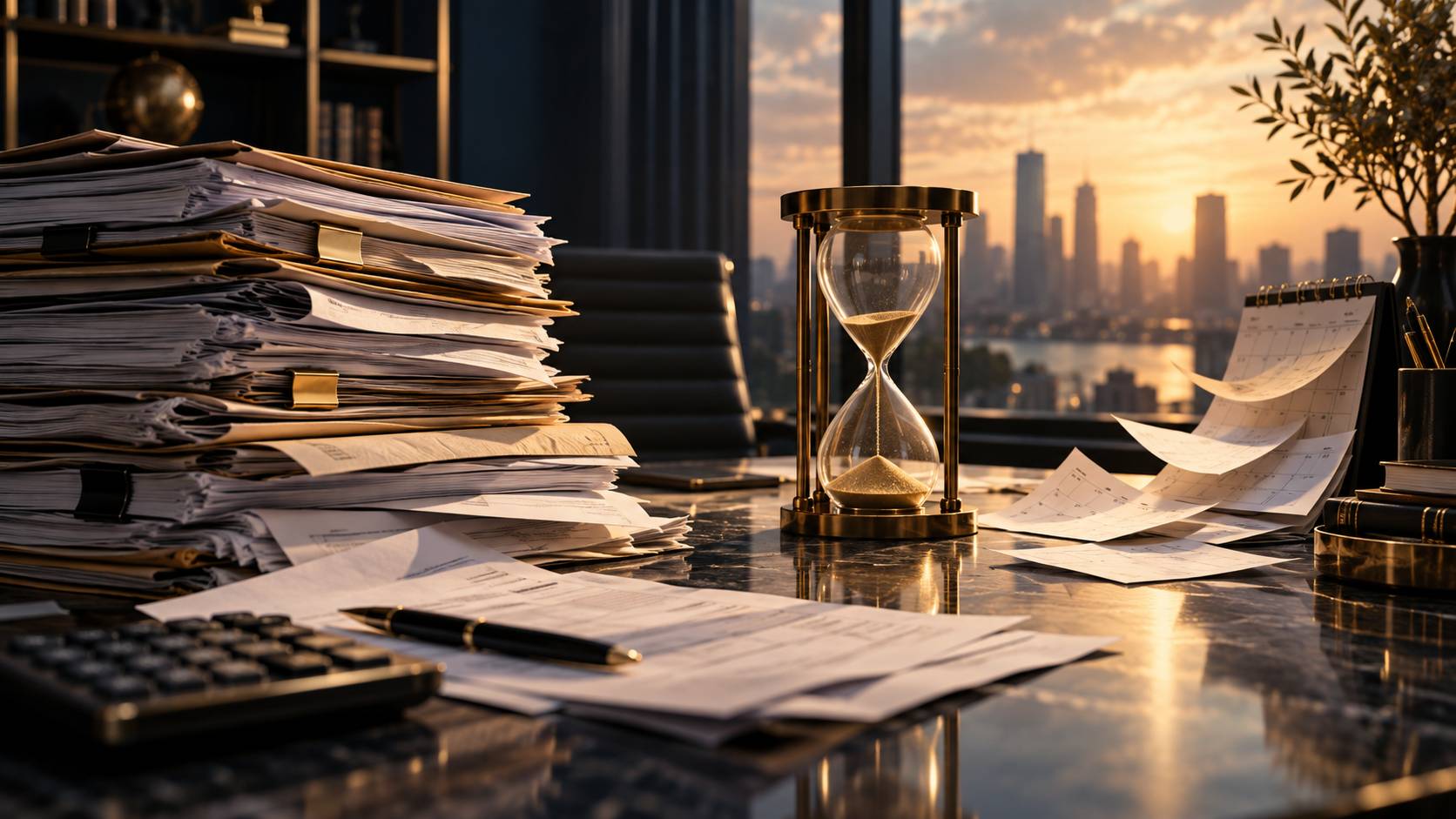 Accumulated paperwork, hourglass, and delayed decisions representing governance debt