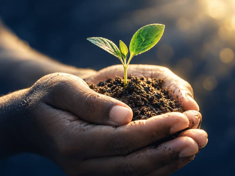 Hands nurturing a young plant representing growth and expanded human potential