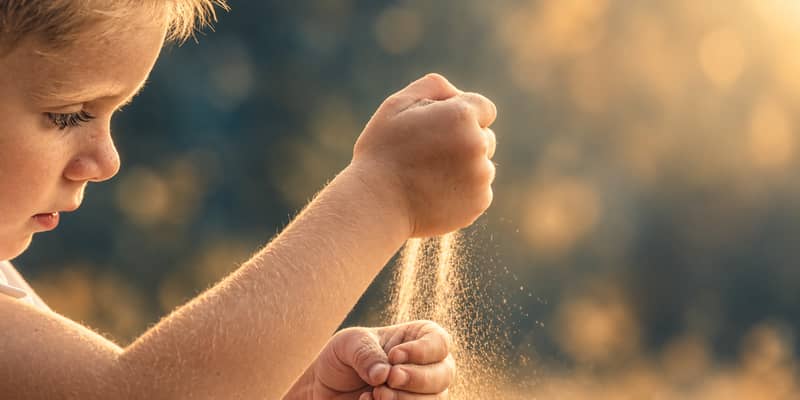 Child holding falling sand representing imagination and wonder