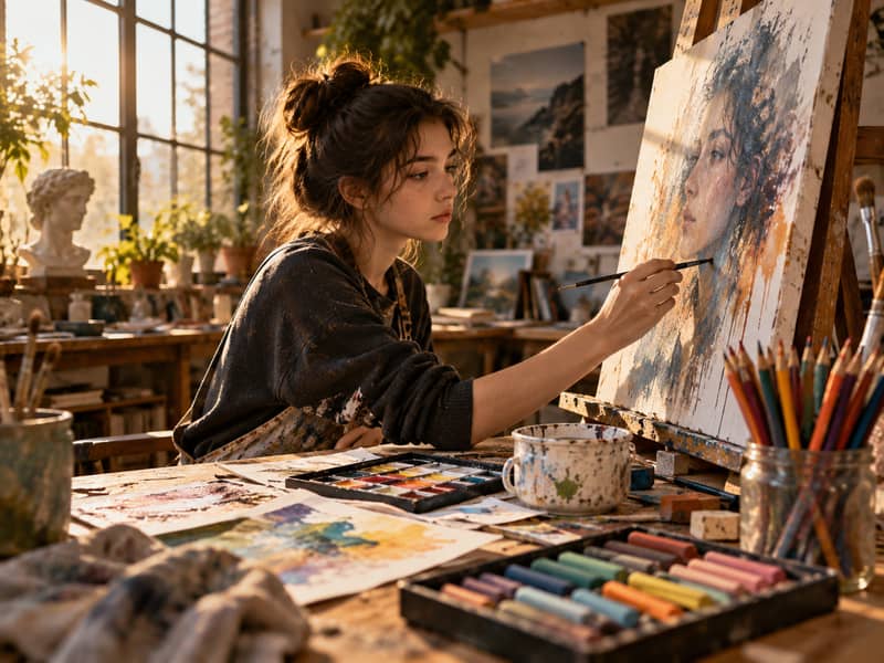 Teenage artist working with watercolor, pencils, chalk, and canvas