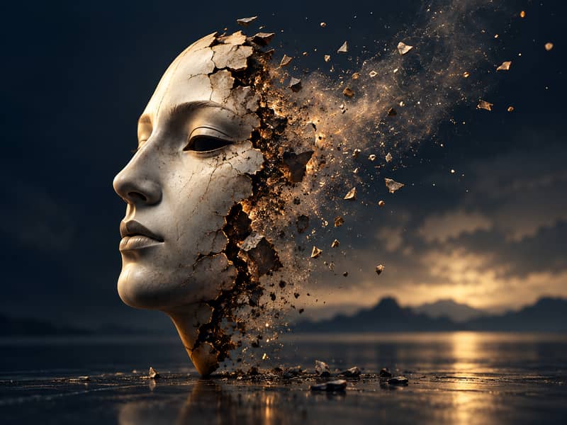Crumbling human face representing the erosion of authenticity